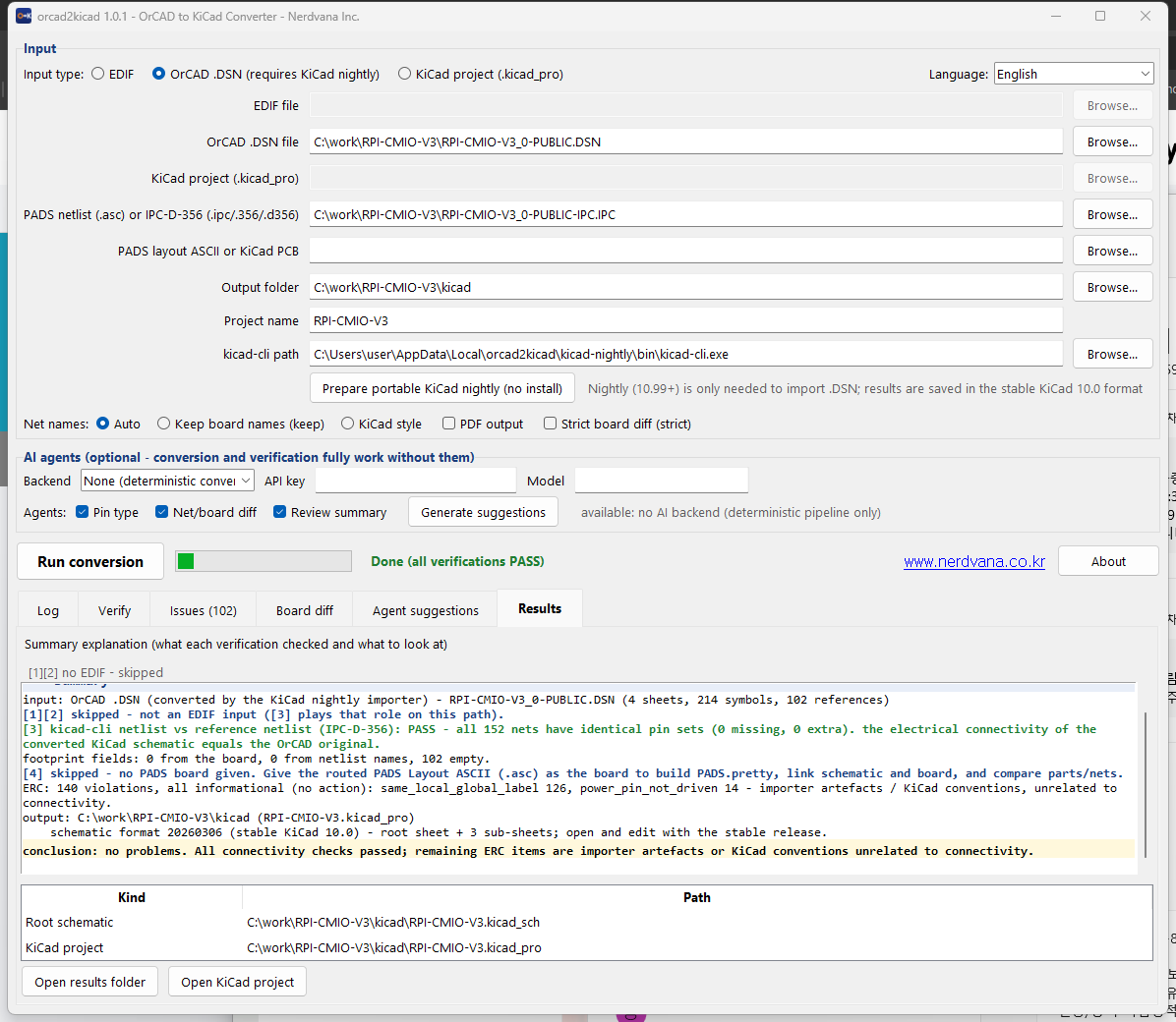 orcad2kicad results tab summarizing verification results in plain language